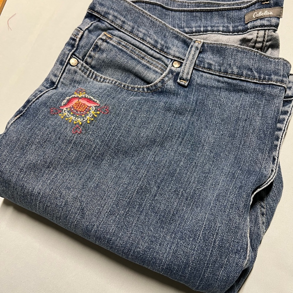 Cables woman’s jeans artistically redeemed with a little embroidery size 16 long
